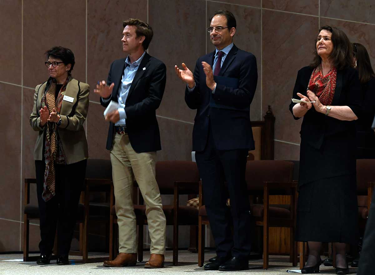Renee Rockford, Mayor Mike Johnston, Colorado Attorney General Phil Weiser and Congresswoman Diana DeGette at Community Vigil for Israel